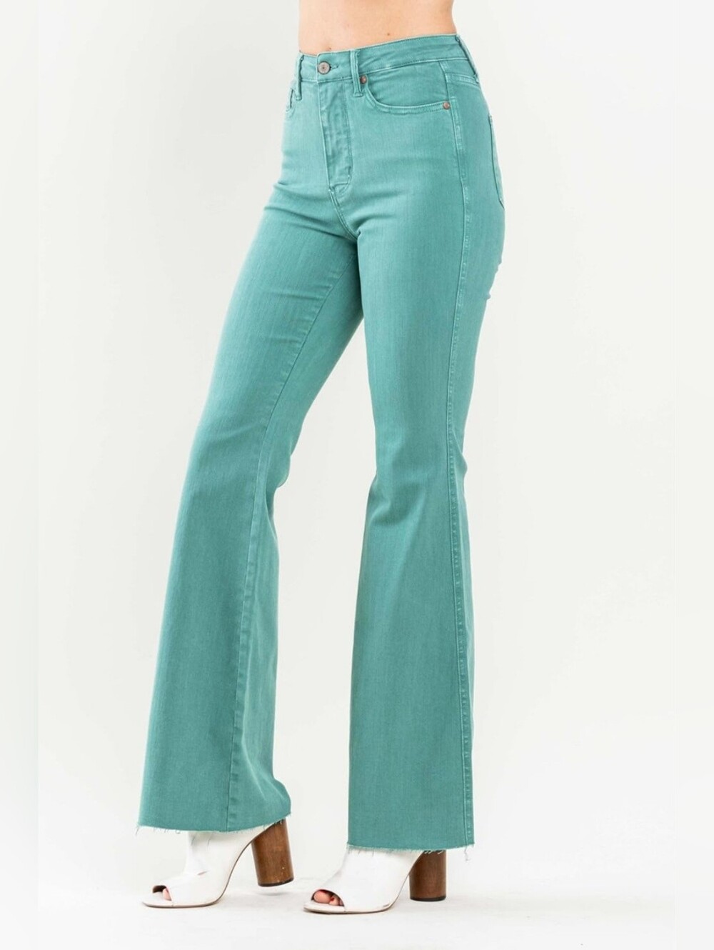 Judy Blue High Rise Garment Dyed Flare Jeans Teal Green Raw Hem Stretch 5/27 NEW - Picture 11 of 12